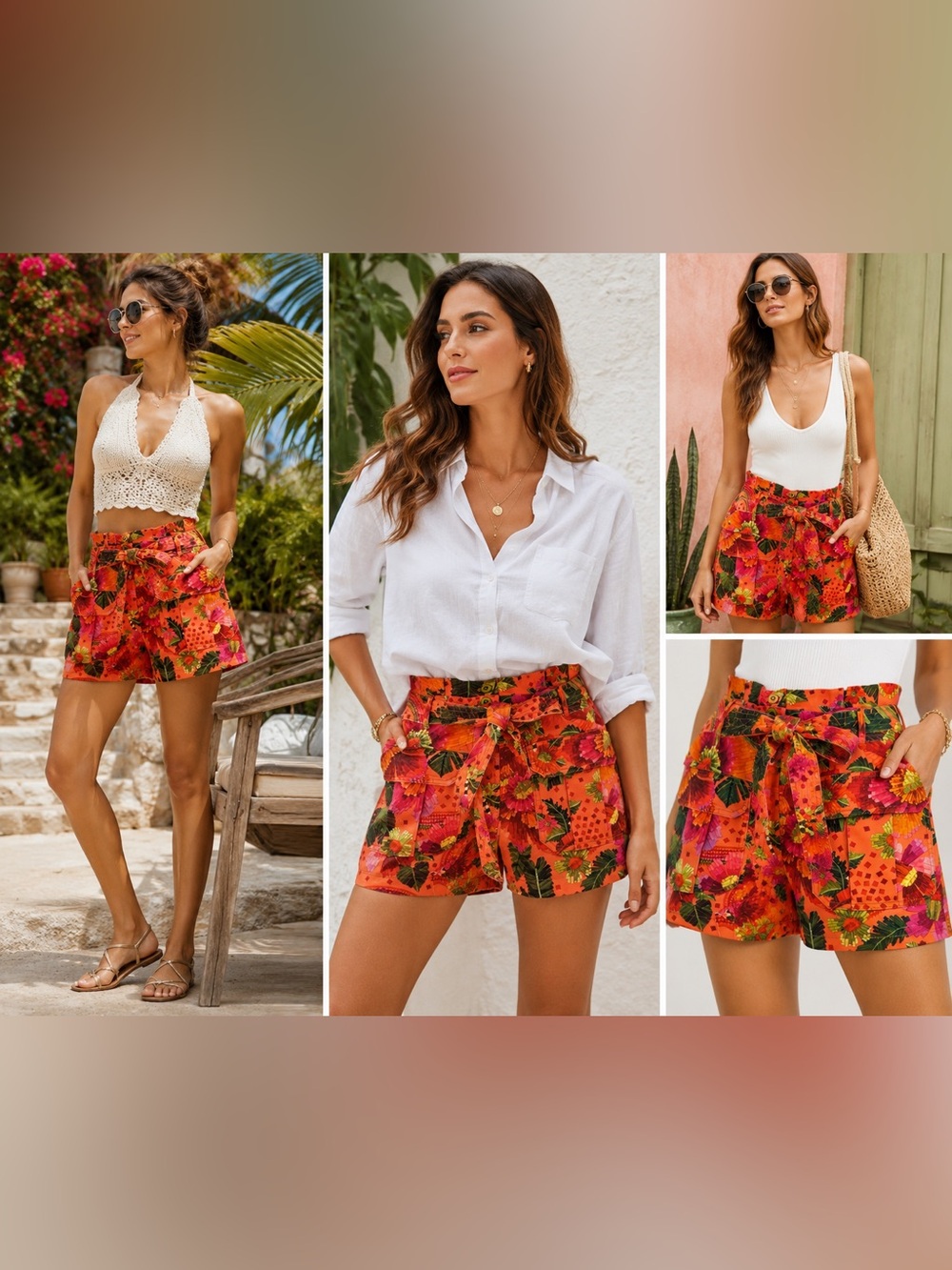 FARM Rio Blooming Garden Paperbag Belted Tropical Shorts Size Small Orange NWT